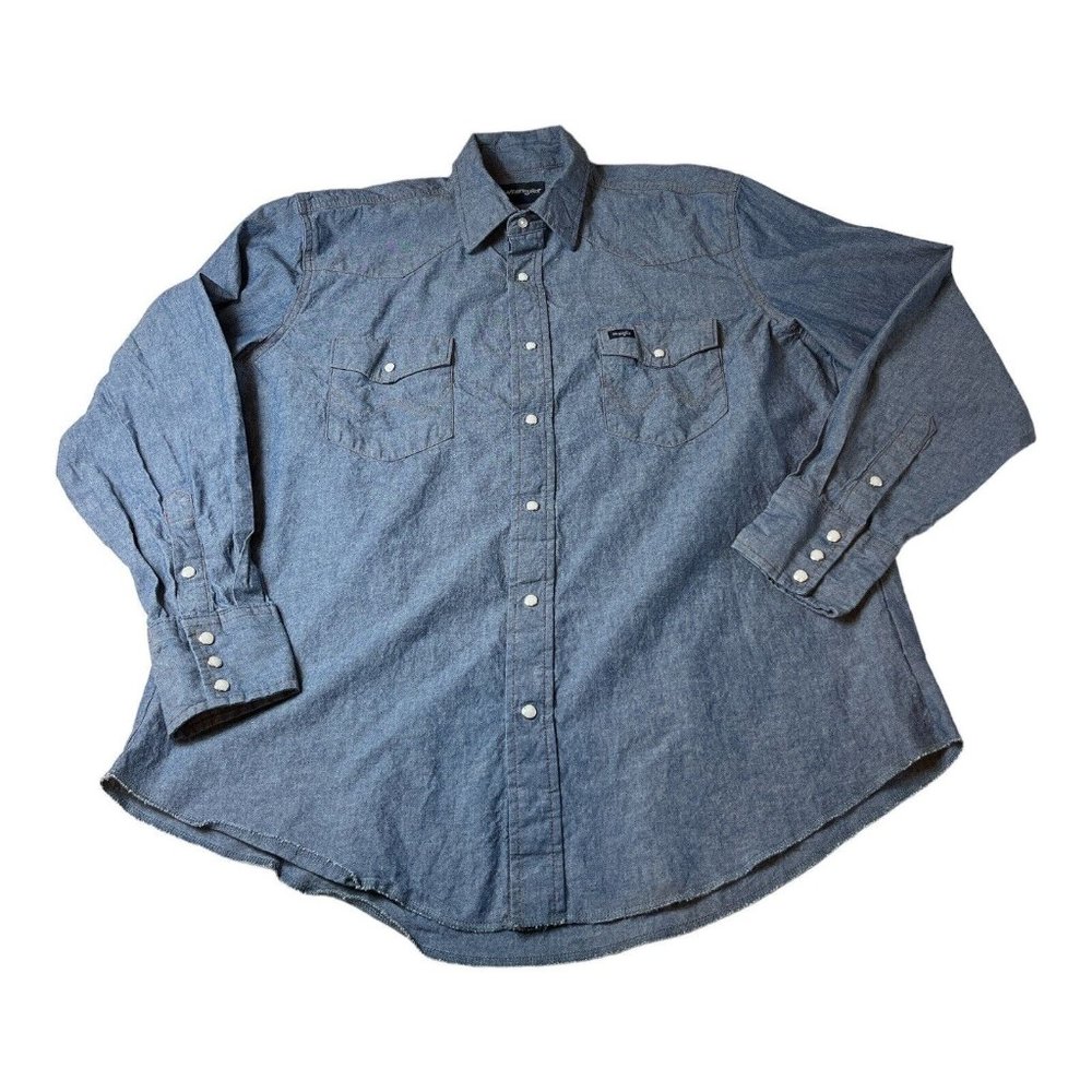 Wrangler Denim Pearl Snap Cowboy Western Shirt Mens XL Blue LS Orange Stitch